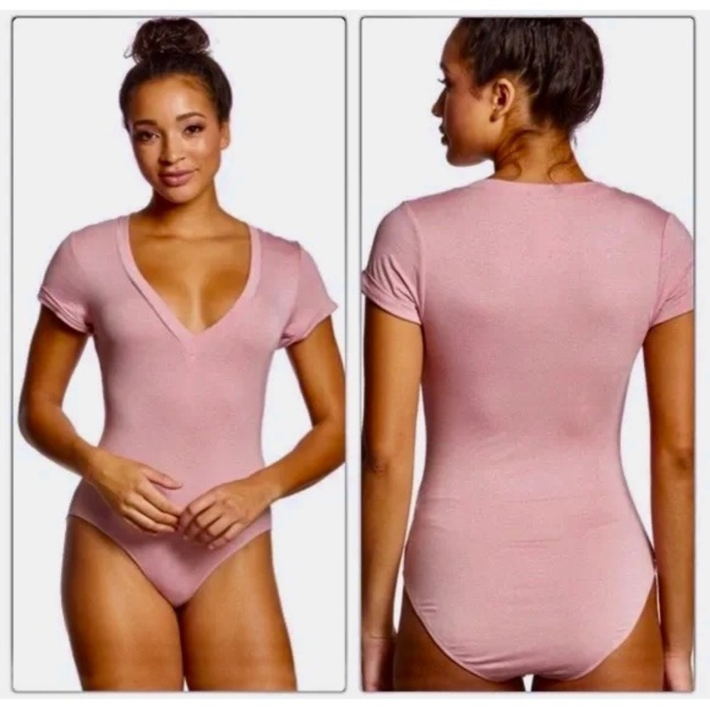 Free People Pink Rose V-Neck Short Sleeve Bodysuit M‎ Soft Stretch Boho Layering